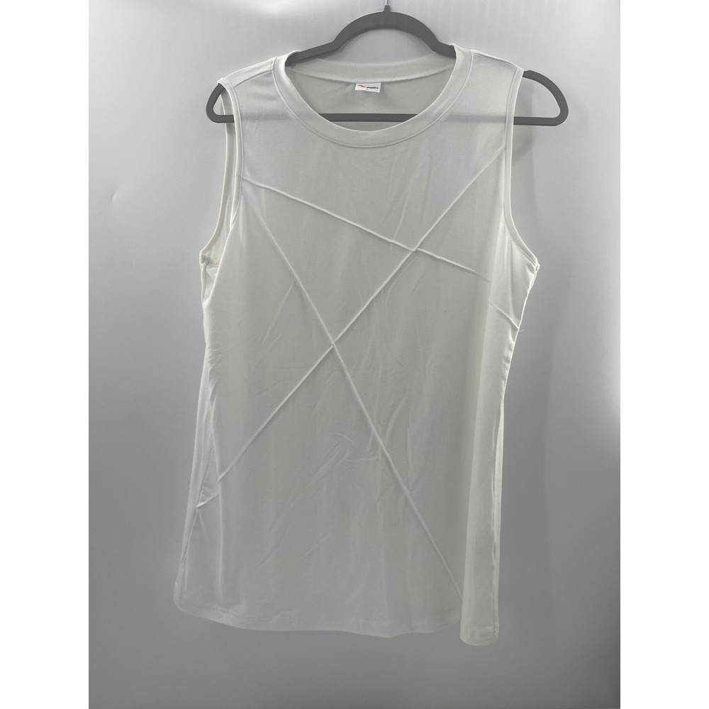 Wiholl Womens White Sleeveless Crew Neck Top Geometric Seam Detail Size L
